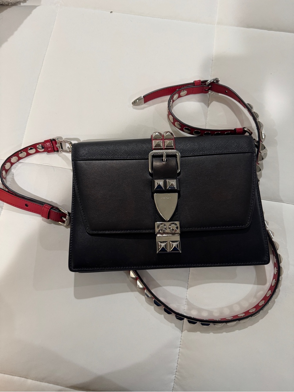 Prada Black Leather Shoulder Bag with Red Studded Strap - Picture 3 of 4